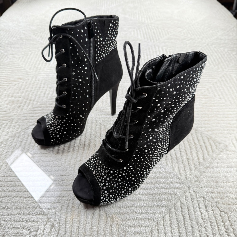 Torrid Rhinestone Peep Toe Booties Women 11WW Stiletto Lace Glam Club Bling Diva